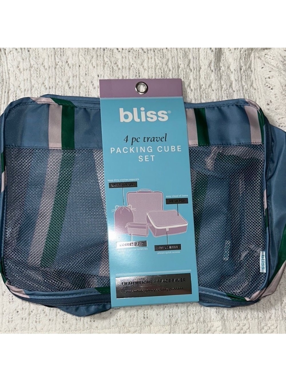 bliss Blue Green Blush Pink Mesh Stripe 4pc Travel Packing Cube Set